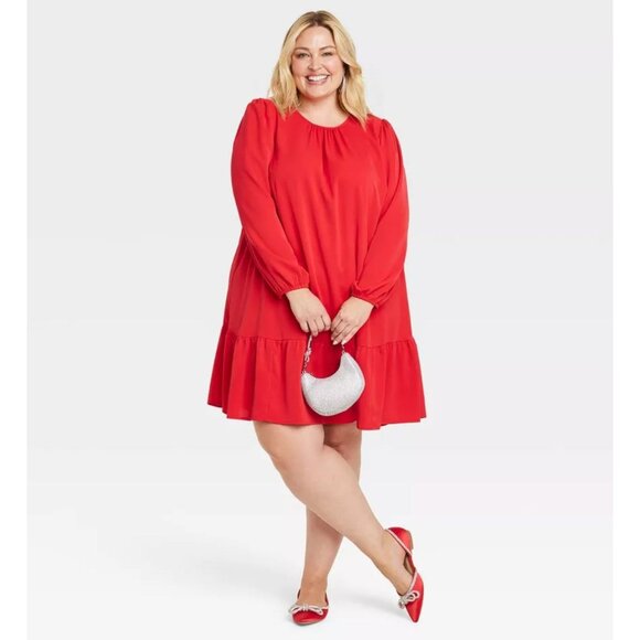 Size 1X 16 18 RED LONG SLEEVED TIERED SHIFT DRESS All-Season Day/Evening PLUS SZ - Picture 5 of 5